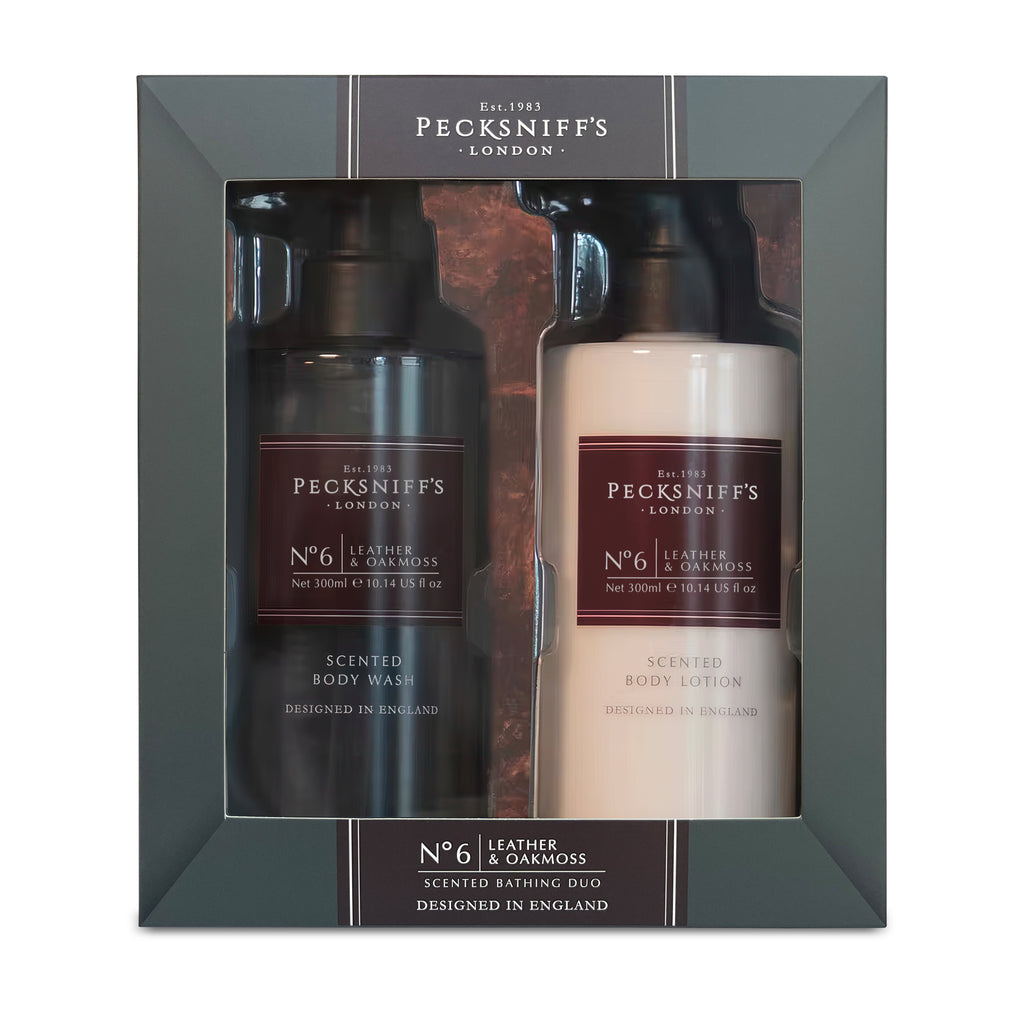 Pecksniffs Men's Bathing Duo Collection – Leather & Oakmoss Scented Body Wash and Body Lotion Gift Set, 2 x 250ml