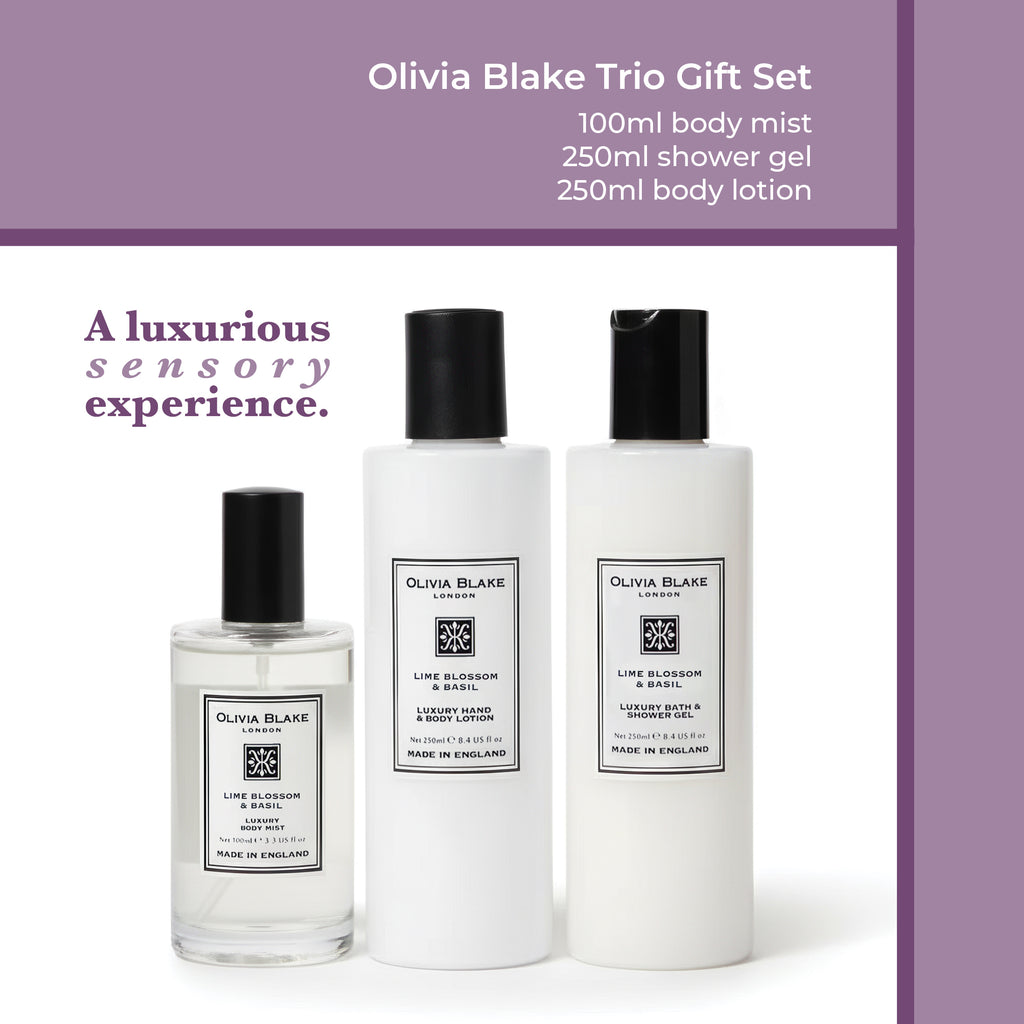 Olivia Blake Lime Blossom & Basil Trio Gift Set – 100 ml/3.38 fl oz Body Mist, 250 ml/8.45 fl oz Shower Gel, 250 ml/8.45 fl oz Body Lotion – Luxurious Everyday Essentials for Women