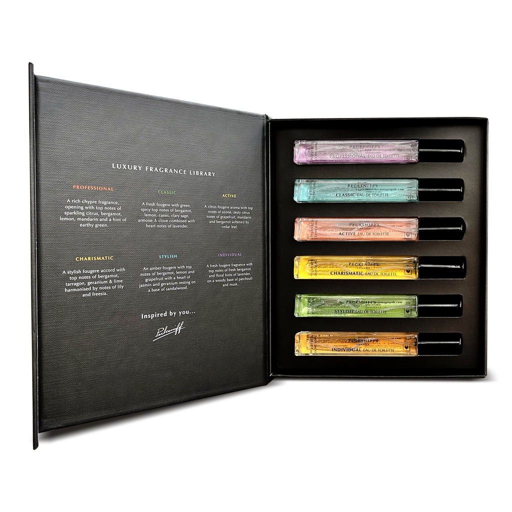 Pecksniff’s Men’s Fine Fragrance Gift Set – 6x10ml Eau de Toilette Collection – Luxury Cologne Sampler, Designed in England