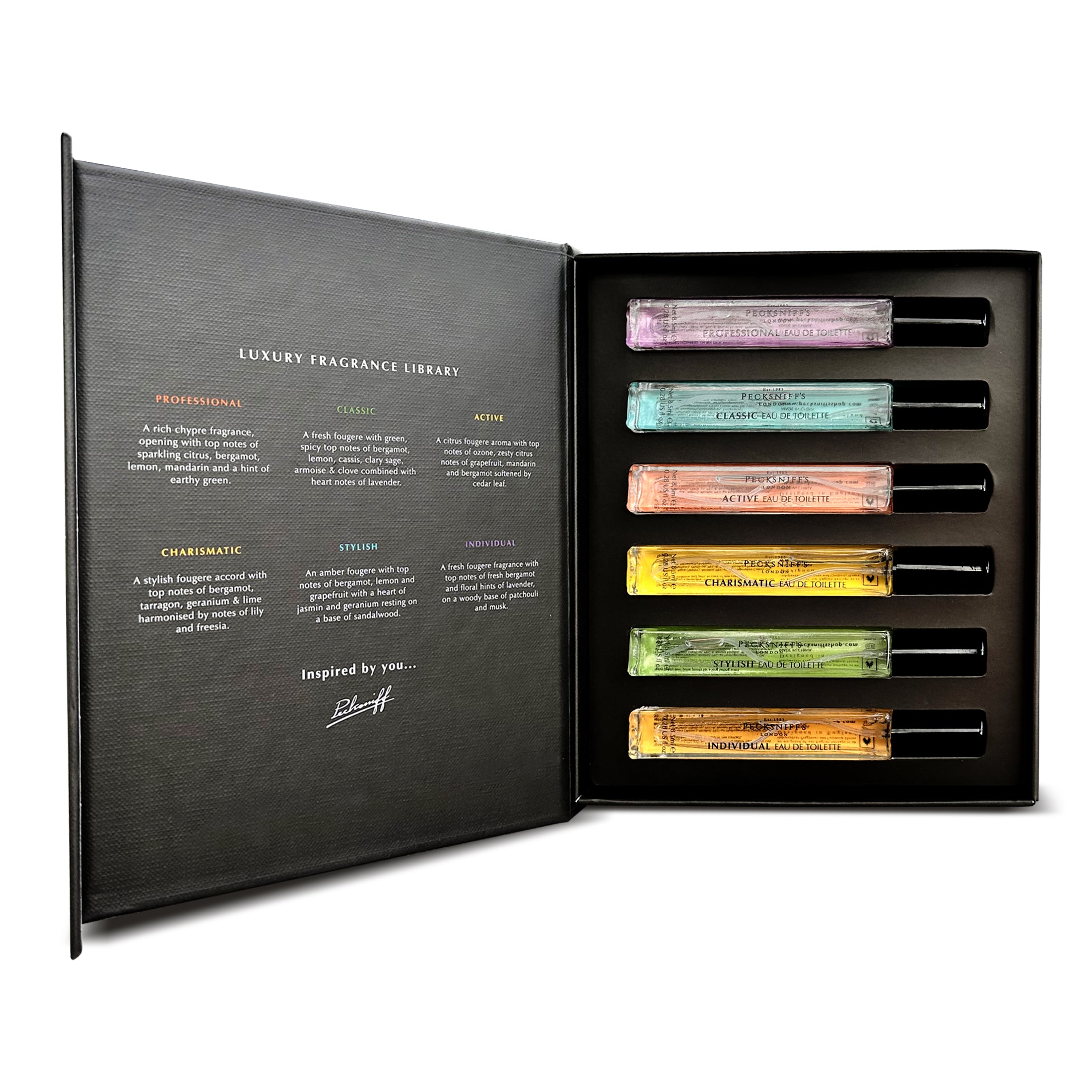 Pecksniff’s Men’s Fine Fragrance Gift Set – 6x10ml Eau de Toilette Collection – Luxury Cologne Sampler, Designed in England