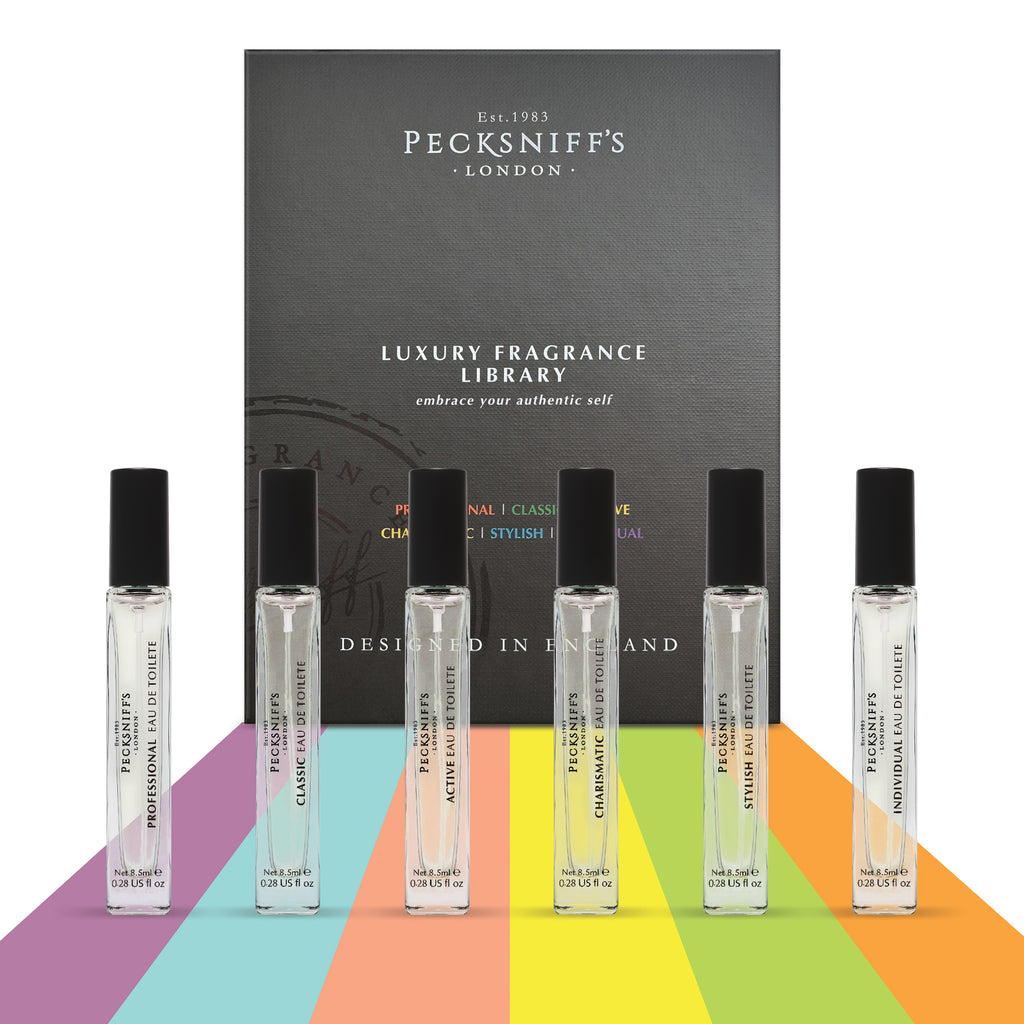 Pecksniff’s Men’s Fine Fragrance Gift Set – 6x10ml Eau de Toilette Collection – Luxury Cologne Sampler, Designed in England