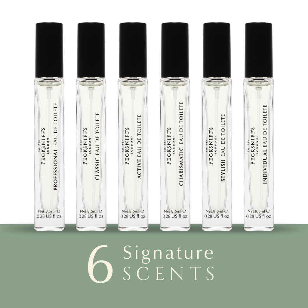 Pecksniff’s Men’s Fine Fragrance Gift Set – 6x10ml Eau de Toilette Collection – Luxury Cologne Sampler, Designed in England