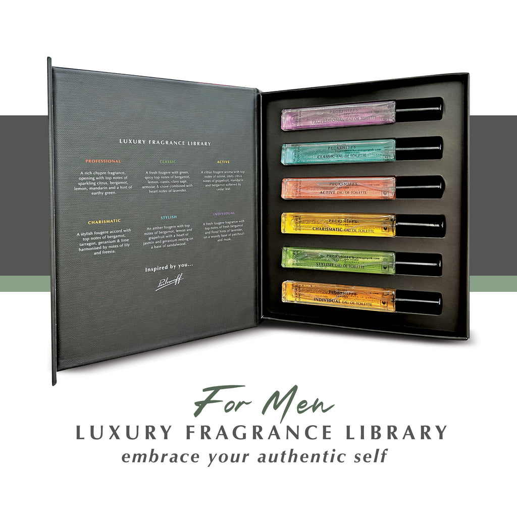 Pecksniff’s Men’s Fine Fragrance Gift Set – 6x10ml Eau de Toilette Collection – Luxury Cologne Sampler, Designed in England