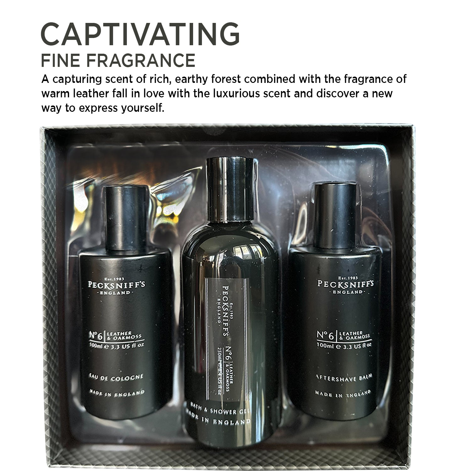 Pecksniffs Leather & Oakmoss Men's Gift Set: Eau de Cologne, 3-in-1 Bath & Shower Gel, After Shave Balm