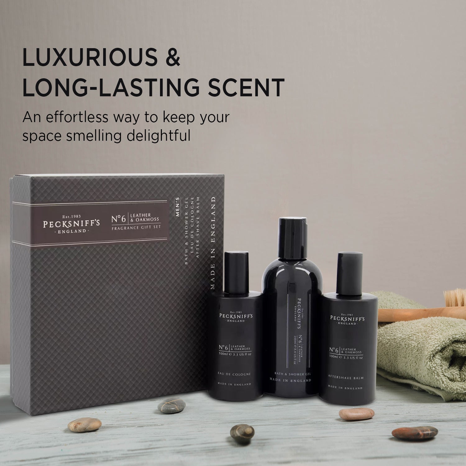 Pecksniffs Leather & Oakmoss Men's Gift Set: Eau de Cologne, 3-in-1 Bath & Shower Gel, After Shave Balm