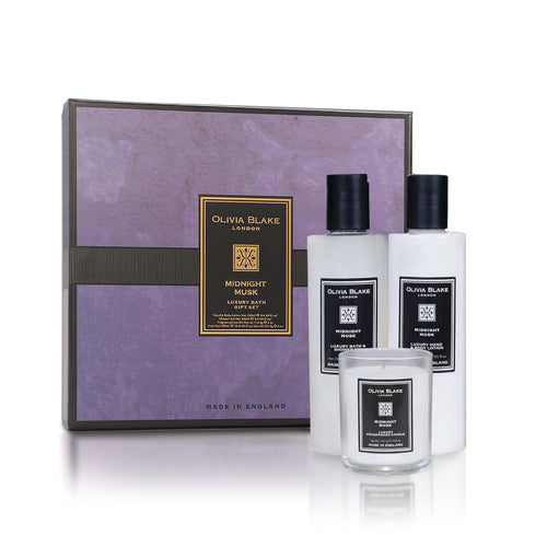 Olivia Blake Midnight Musk Trio Gift Set – Luxury Bath & Shower Gel 250ml, Hand & Body Lotion 250ml, Fragranced Candle 100ml – Elegant Home & Body Collection, Made in London