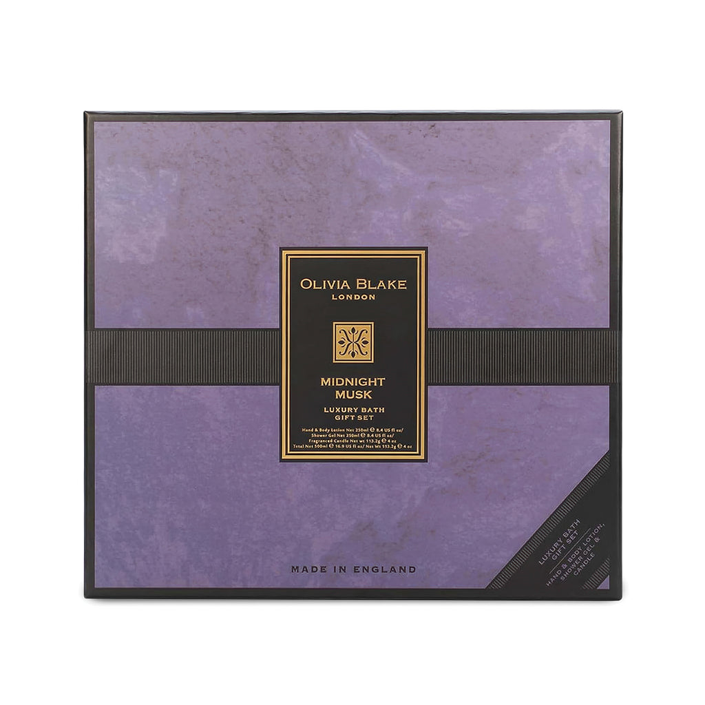 Olivia Blake Midnight Musk Trio Gift Set – Luxury Bath & Shower Gel 250ml, Hand & Body Lotion 250ml, Fragranced Candle 100ml – Elegant Home & Body Collection, Made in London