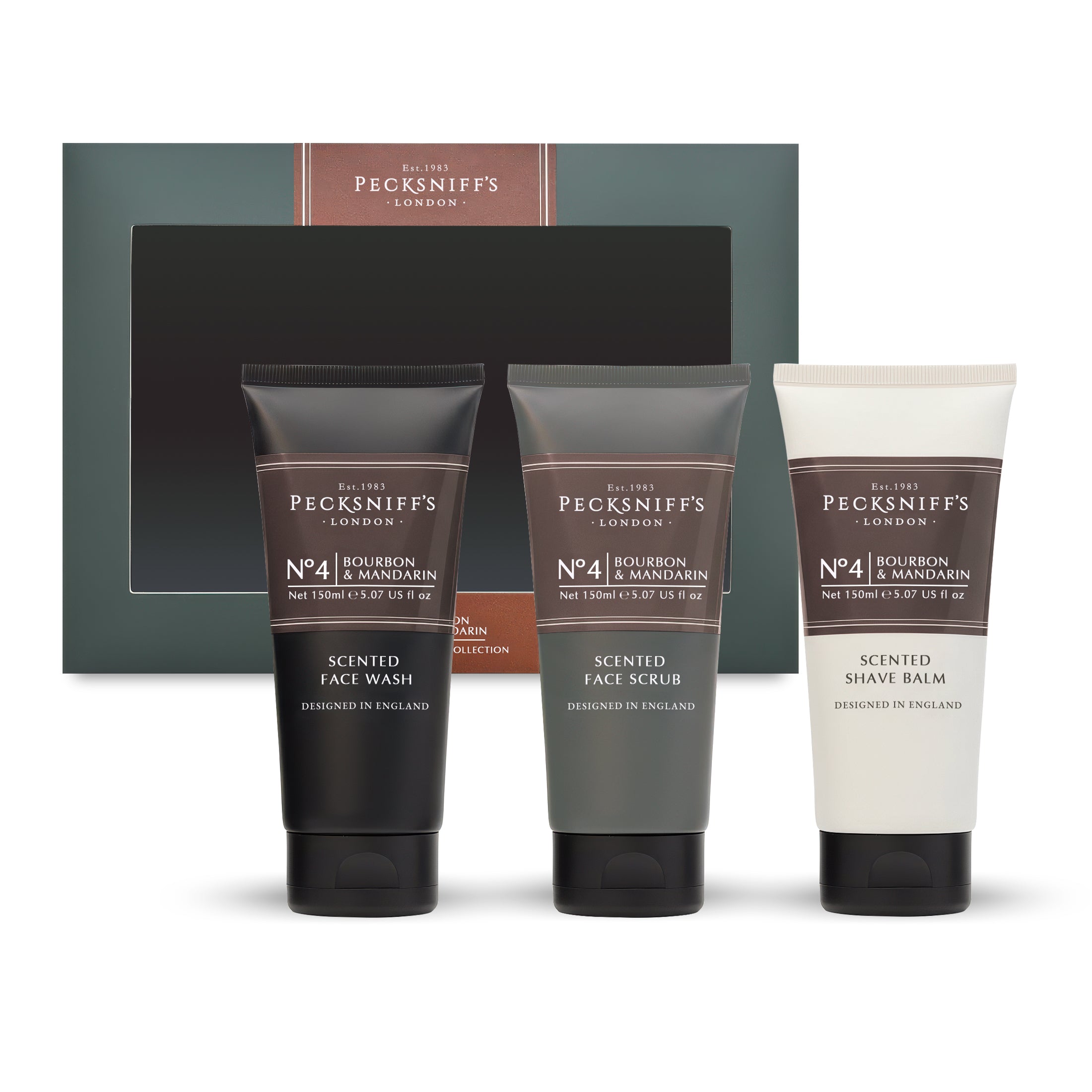 Pecksniff’s Men’s Trio Face Collection – Bourbon & Mandarin – Face Wash, Face Scrub & Shave Balm Gift Set, 3 x 75ml
