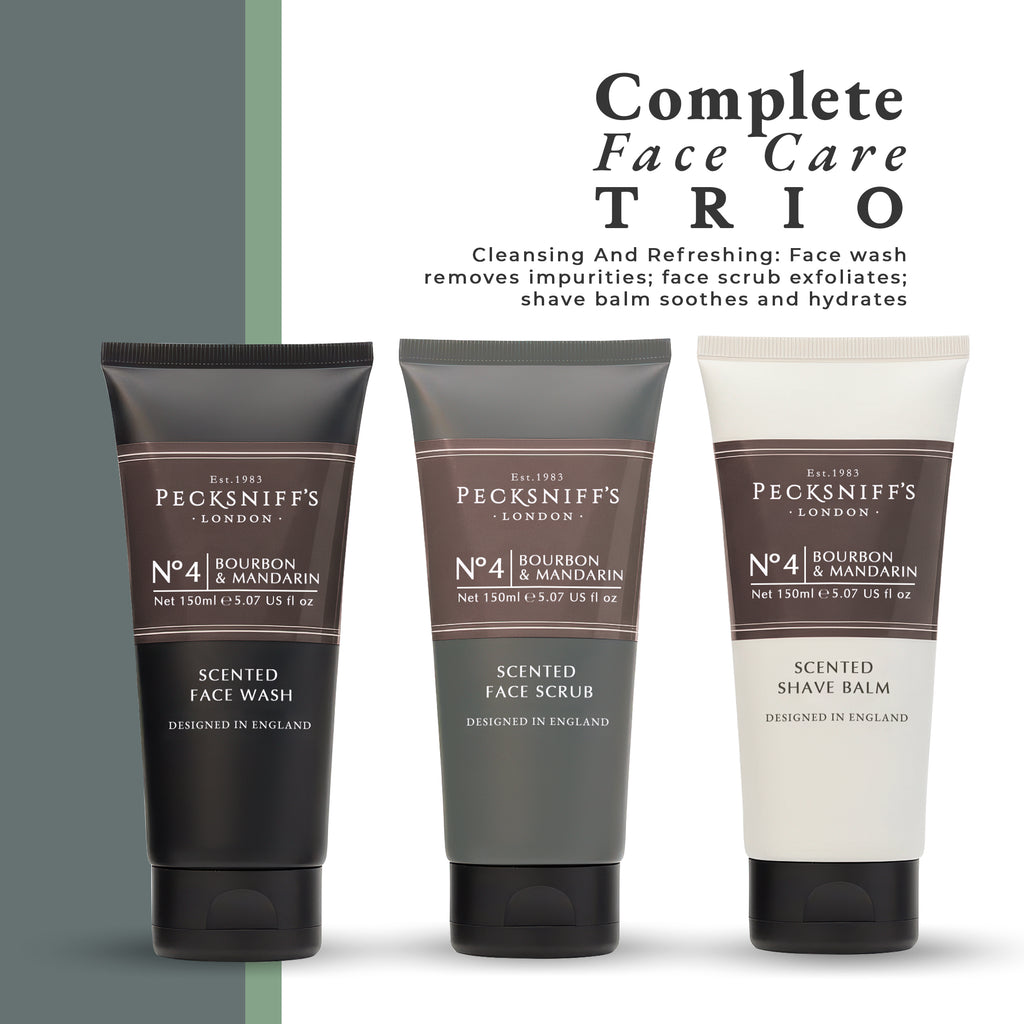 Pecksniff’s Men’s Trio Face Collection – Bourbon & Mandarin – Face Wash, Face Scrub & Shave Balm Gift Set, 3 x 75ml