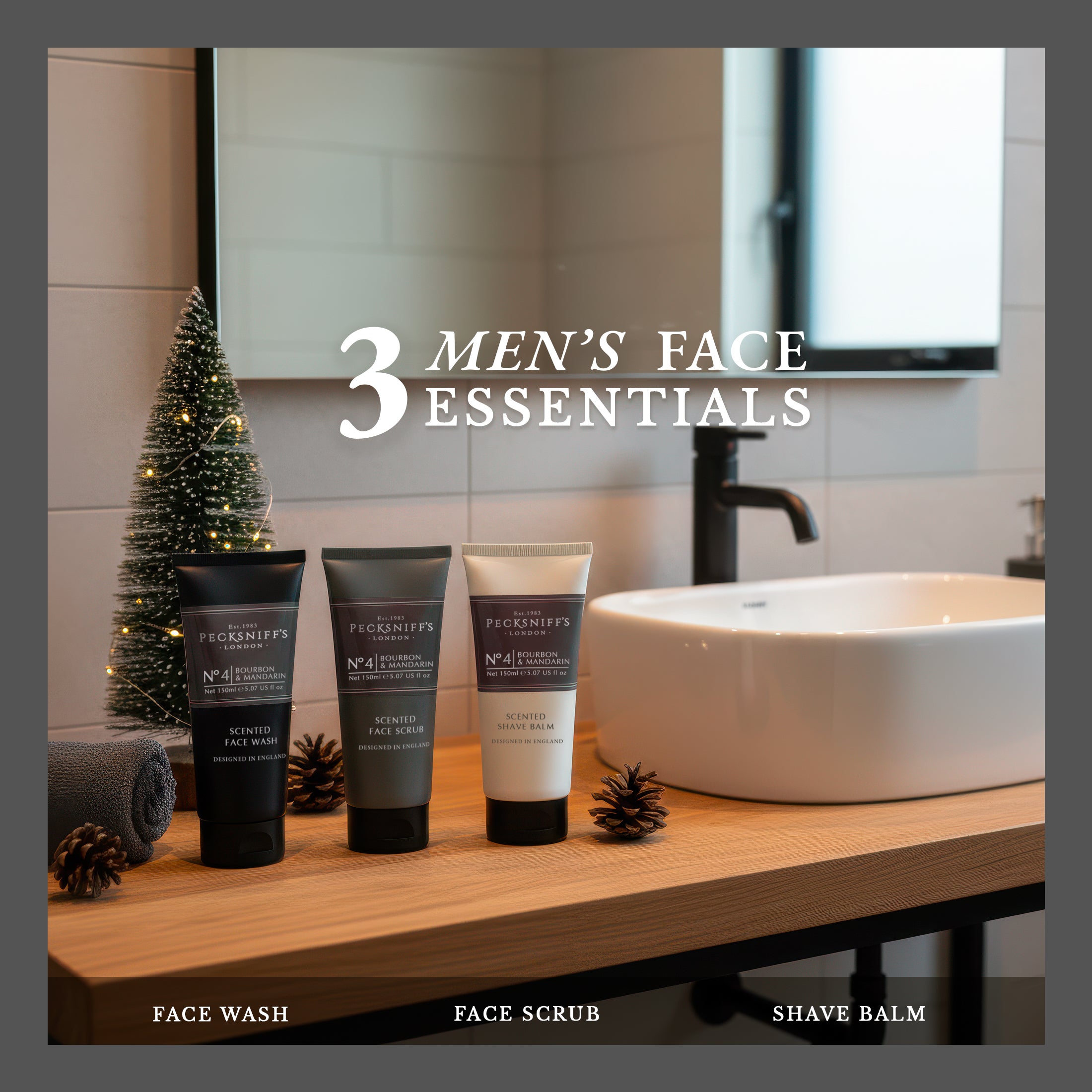 Pecksniff’s Men’s Trio Face Collection – Bourbon & Mandarin – Face Wash, Face Scrub & Shave Balm Gift Set, 3 x 75ml