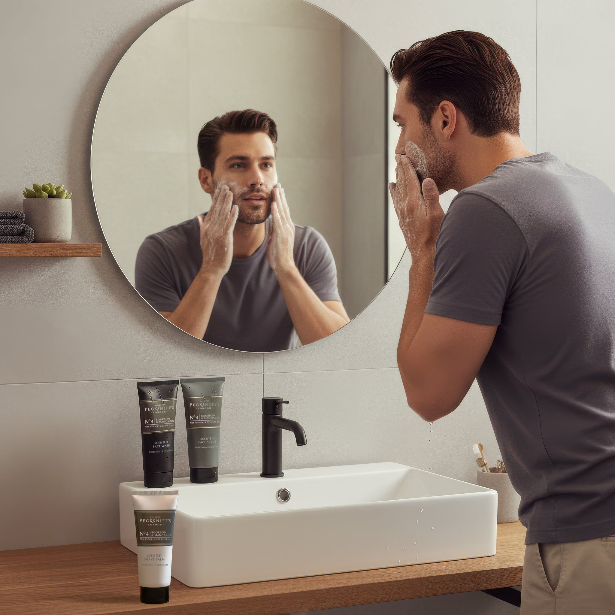 Pecksniff’s Men’s Trio Face Collection – Bourbon & Mandarin – Face Wash, Face Scrub & Shave Balm Gift Set, 3 x 75ml