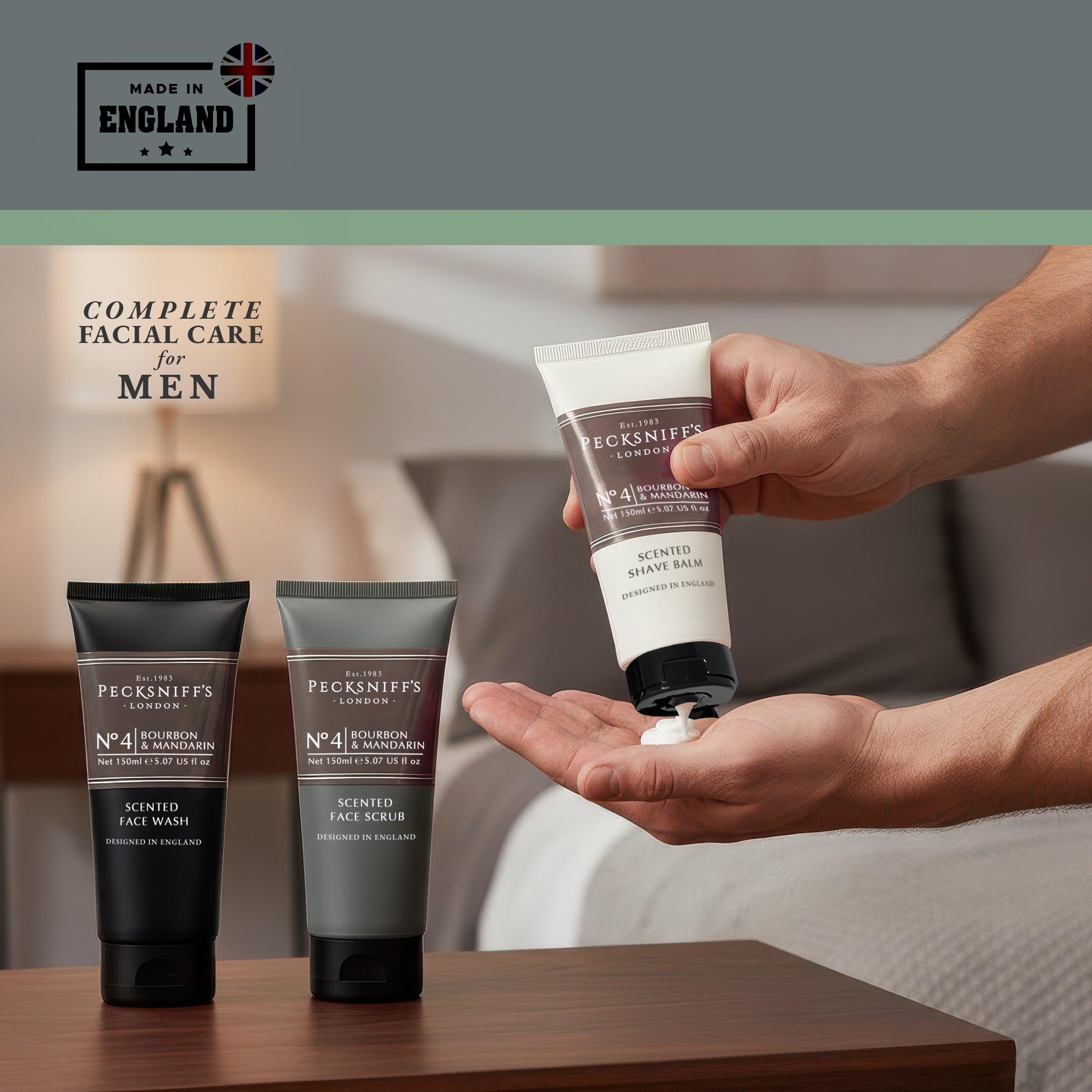 Pecksniff’s Men’s Trio Face Collection – Bourbon & Mandarin – Face Wash, Face Scrub & Shave Balm Gift Set, 3 x 75ml