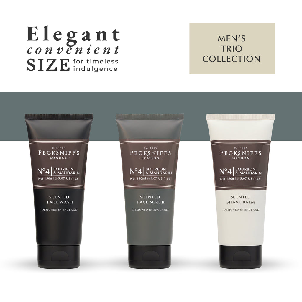 Pecksniff’s Men’s Trio Face Collection – Bourbon & Mandarin – Face Wash, Face Scrub & Shave Balm Gift Set, 3 x 75ml