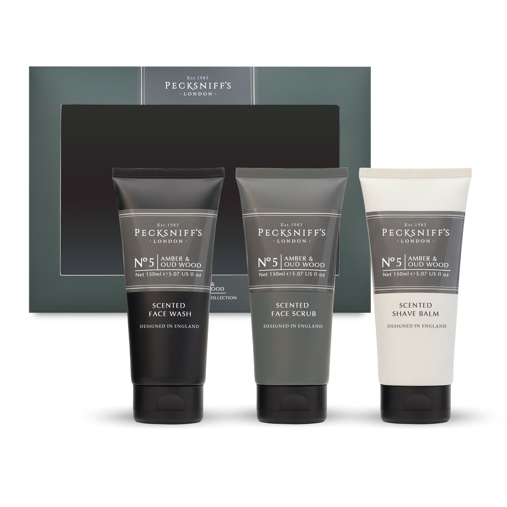 Pecksniff’s Men’s Trio Collection – Amber & Oud Wood – Face Wash, Face Scrub & Shave Balm Gift Set, 3 x 75ml