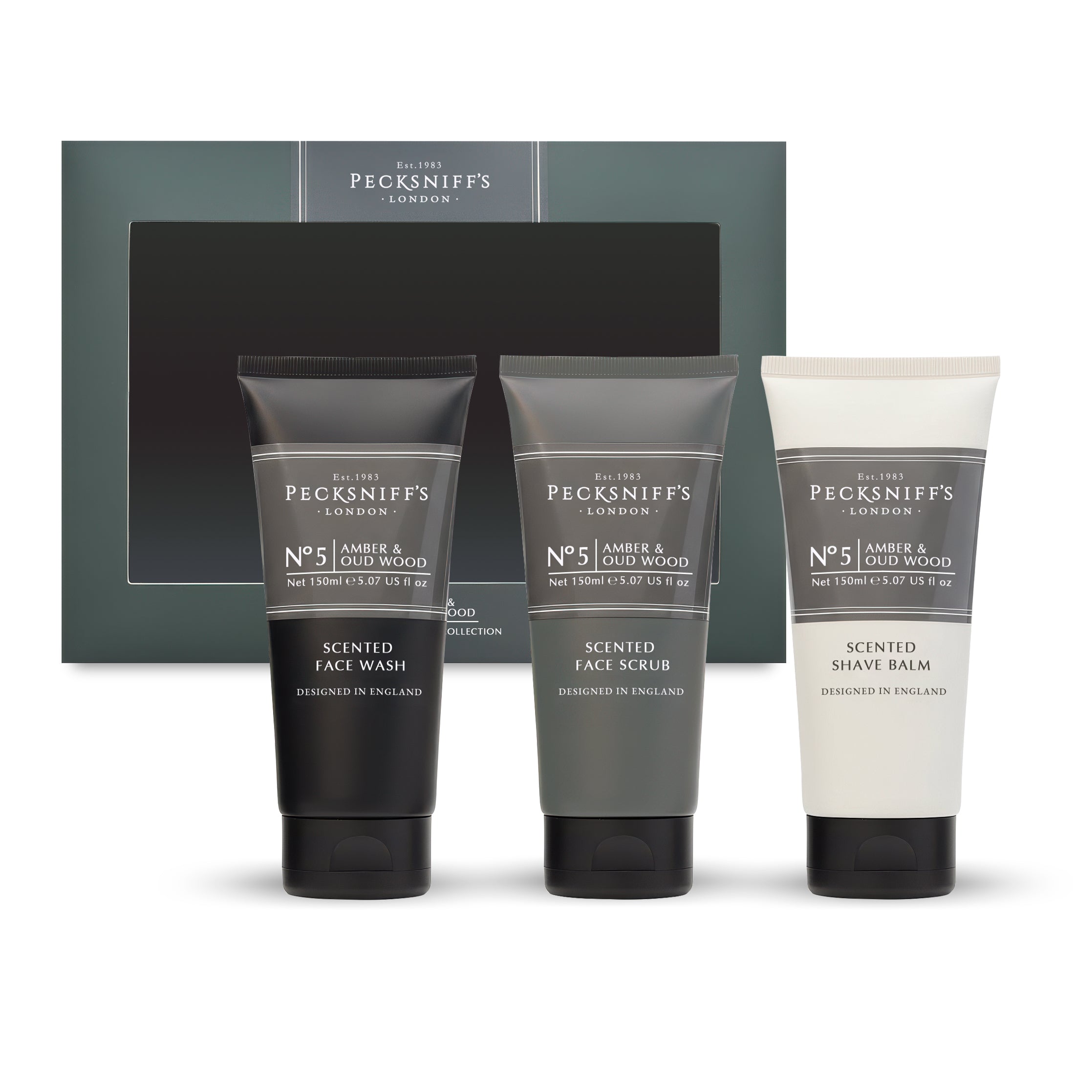 Pecksniff’s Men’s Trio Collection – Amber & Oud Wood – Face Wash, Face Scrub & Shave Balm Gift Set, 3 x 75ml