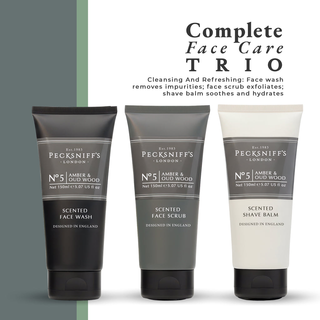 Pecksniff’s Men’s Trio Collection – Amber & Oud Wood – Face Wash, Face Scrub & Shave Balm Gift Set, 3 x 75ml