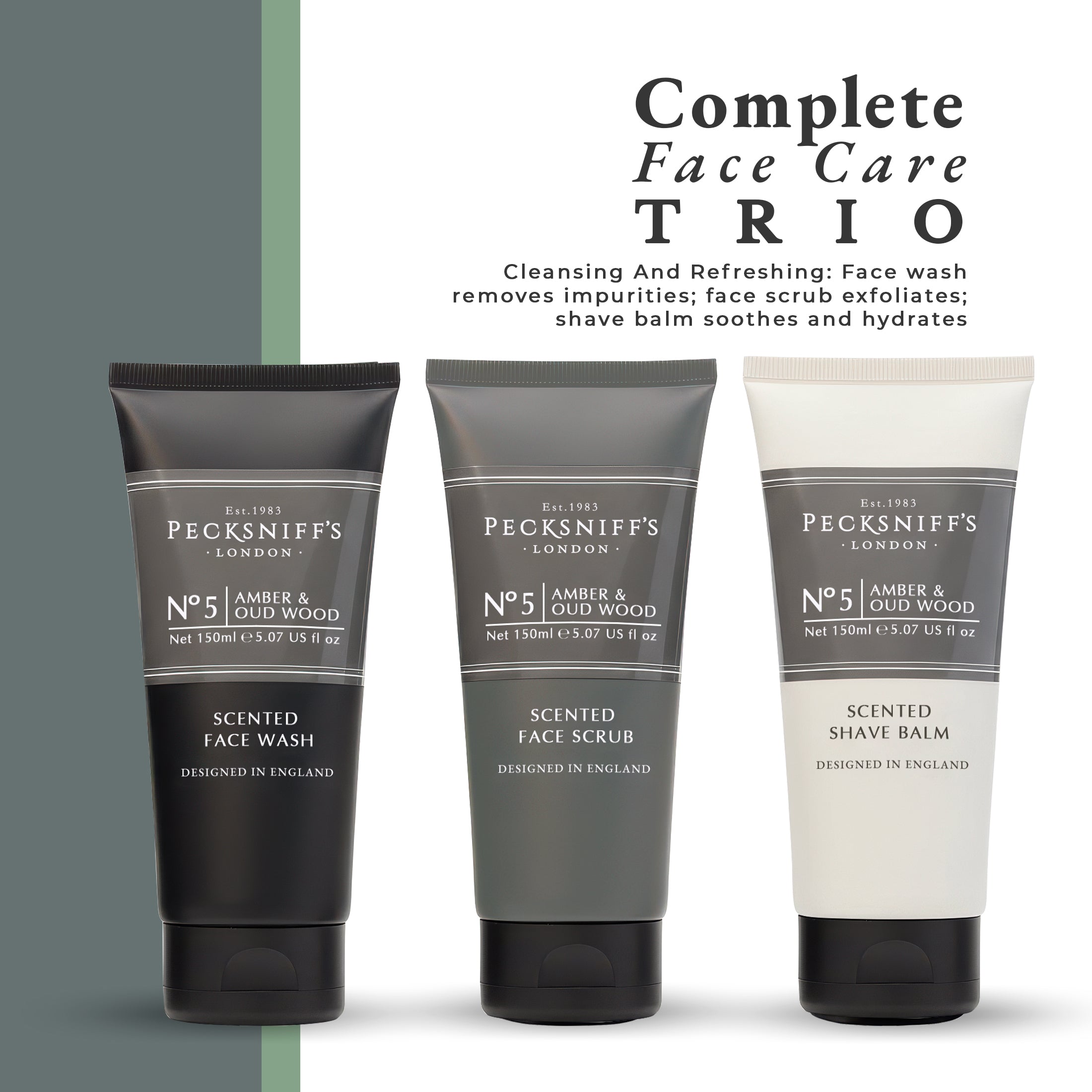 Pecksniff’s Men’s Trio Collection – Amber & Oud Wood – Face Wash, Face Scrub & Shave Balm Gift Set, 3 x 75ml