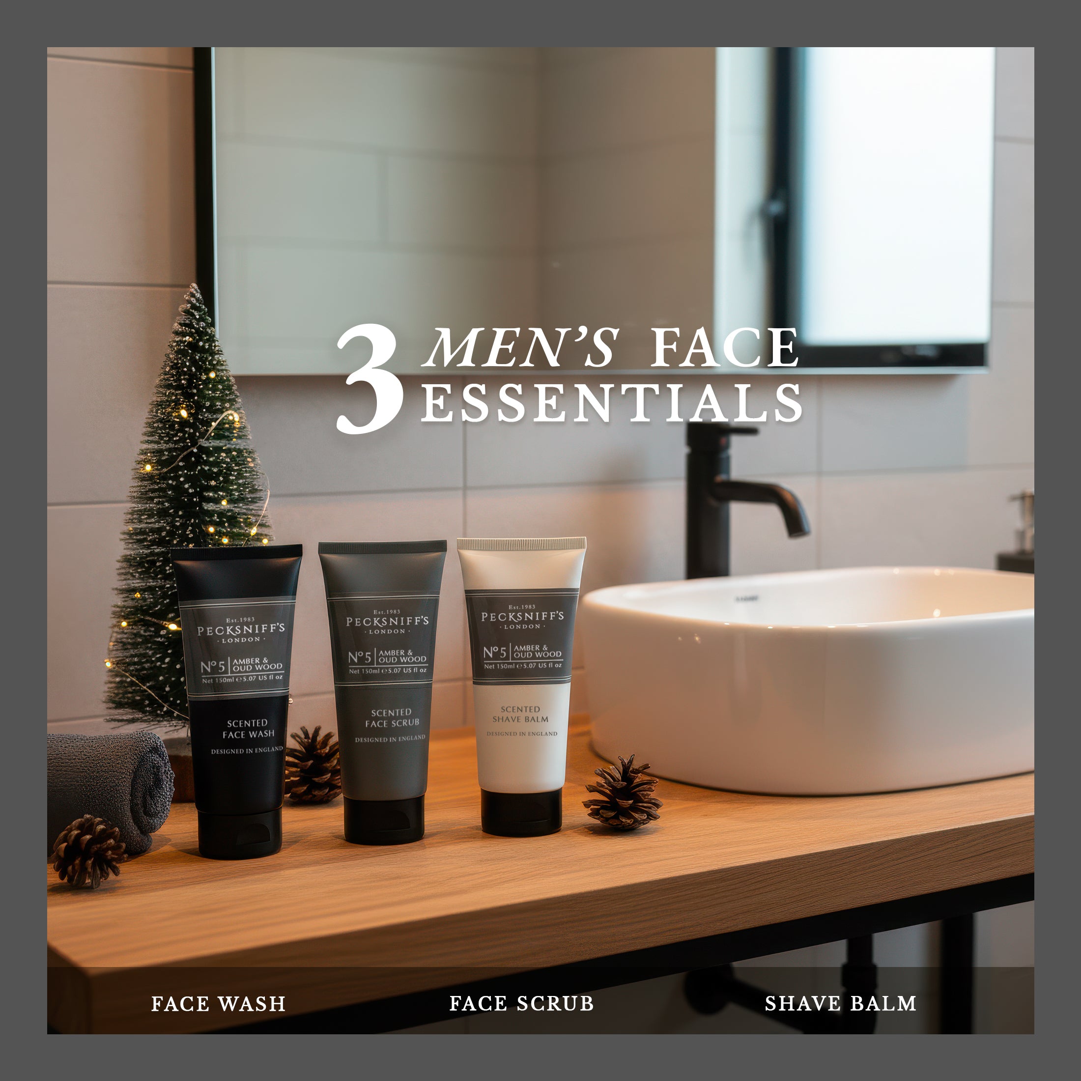 Pecksniff’s Men’s Trio Collection – Amber & Oud Wood – Face Wash, Face Scrub & Shave Balm Gift Set, 3 x 75ml