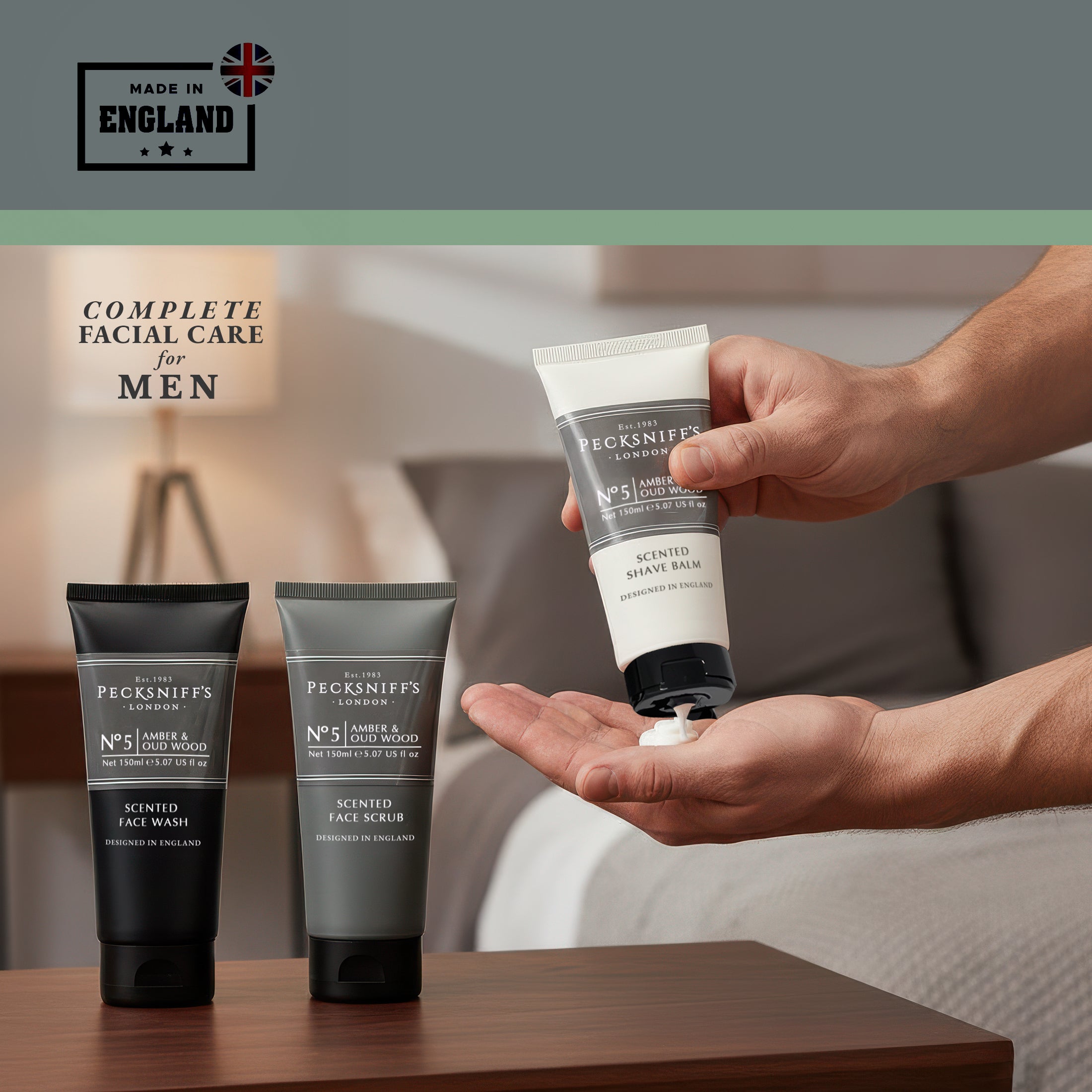 Pecksniff’s Men’s Trio Collection – Amber & Oud Wood – Face Wash, Face Scrub & Shave Balm Gift Set, 3 x 75ml