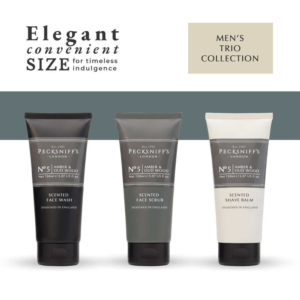 Pecksniff’s Men’s Trio Collection – Amber & Oud Wood – Face Wash, Face Scrub & Shave Balm Gift Set, 3 x 75ml