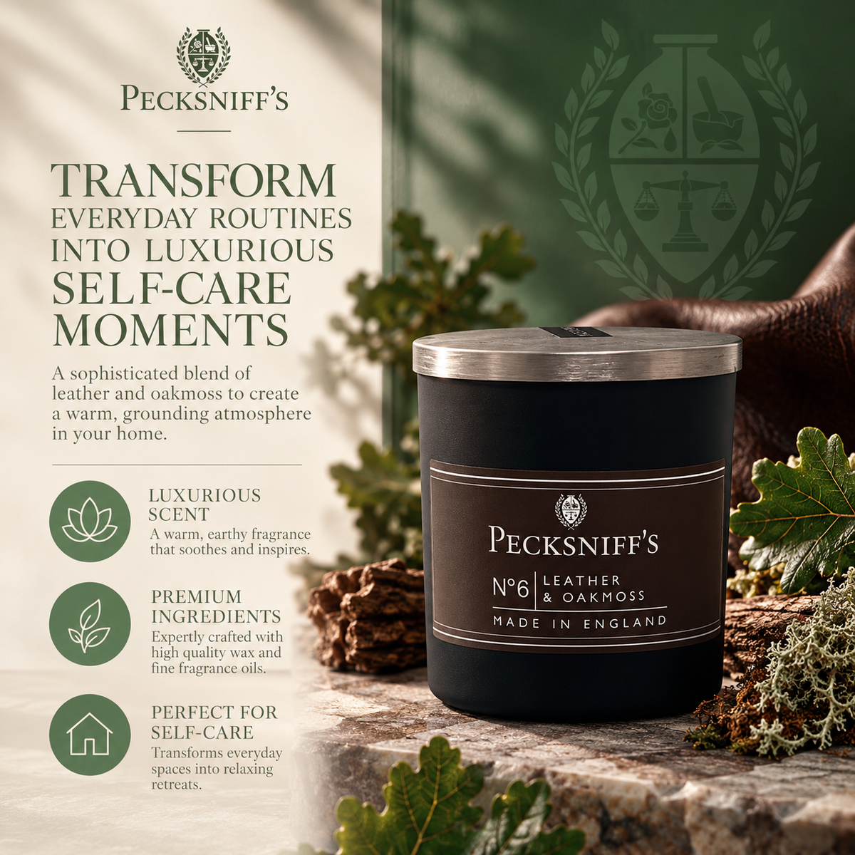 Pecksniffs Leather & Oakmoss Scented Candle | 1 Wick, 100g/3.5oz