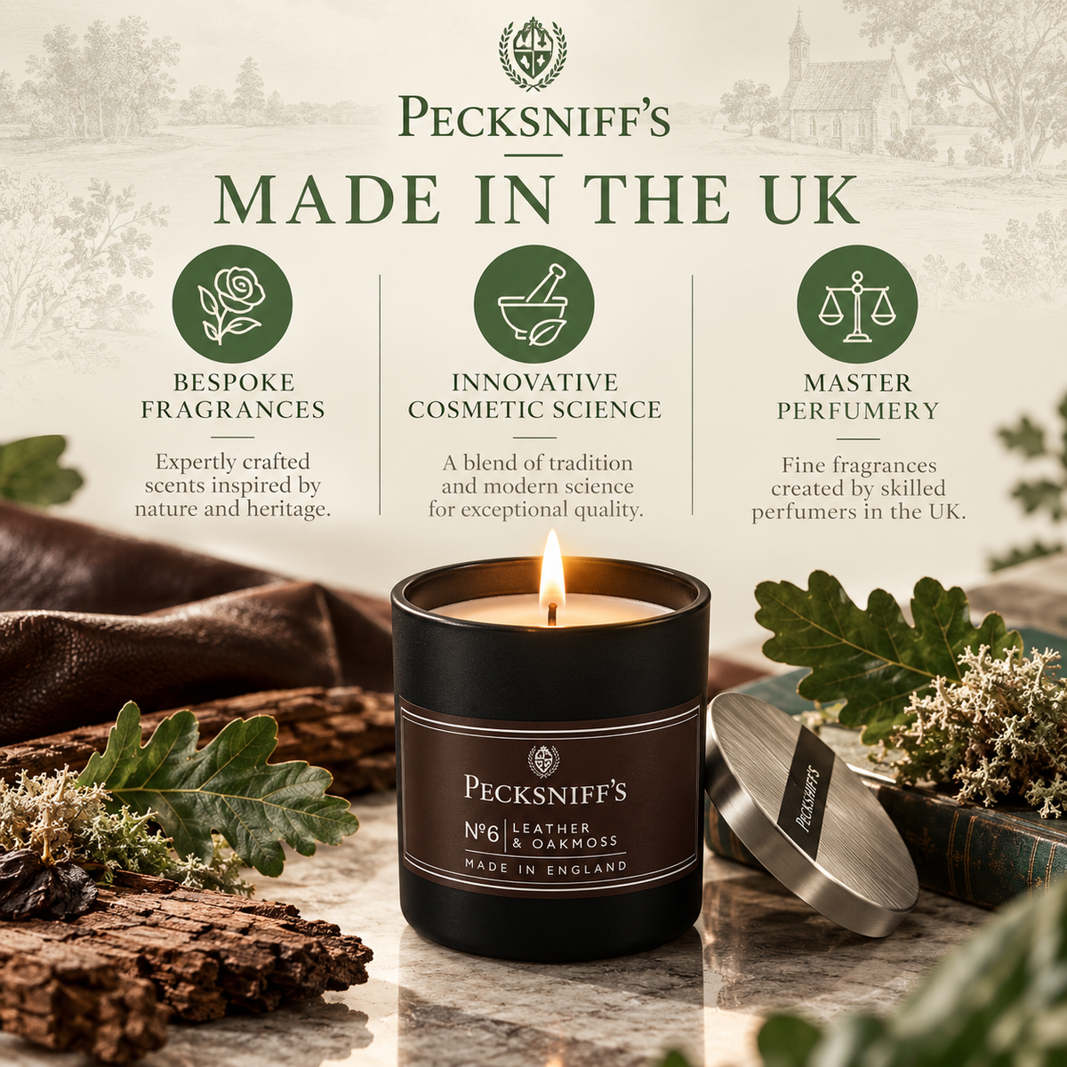 Pecksniffs Leather & Oakmoss Scented Candle | 1 Wick, 100g/3.5oz