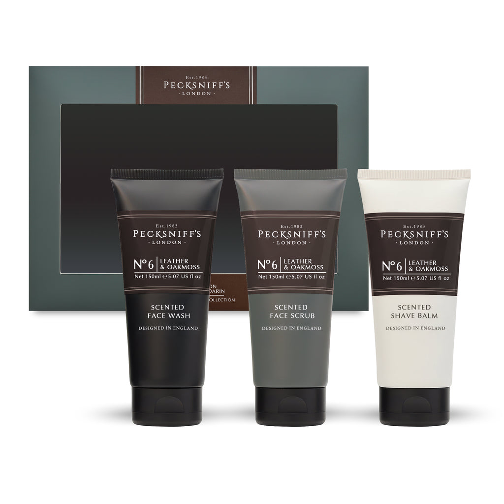 Pecksniff’s Men’s Trio Face Collection – Leather & Oakmoss – Face Wash, Face Scrub & Shave Balm Gift Set, 3 x 75ml