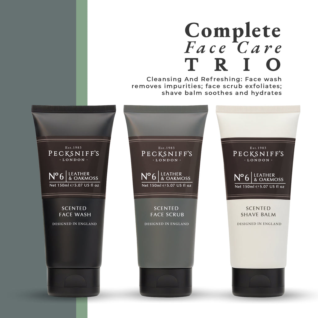 Pecksniff’s Men’s Trio Face Collection – Leather & Oakmoss – Face Wash, Face Scrub & Shave Balm Gift Set, 3 x 75ml