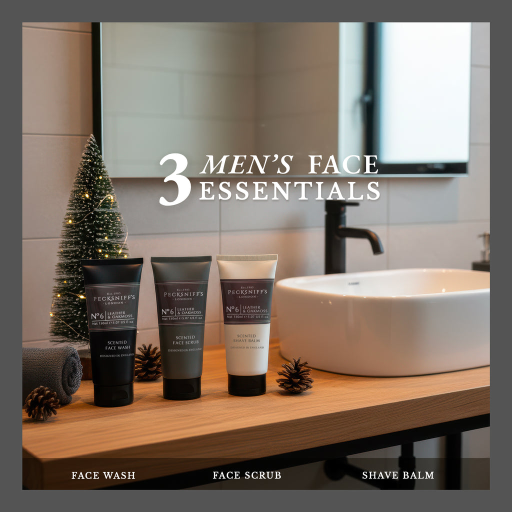 Pecksniff’s Men’s Trio Face Collection – Leather & Oakmoss – Face Wash, Face Scrub & Shave Balm Gift Set, 3 x 75ml