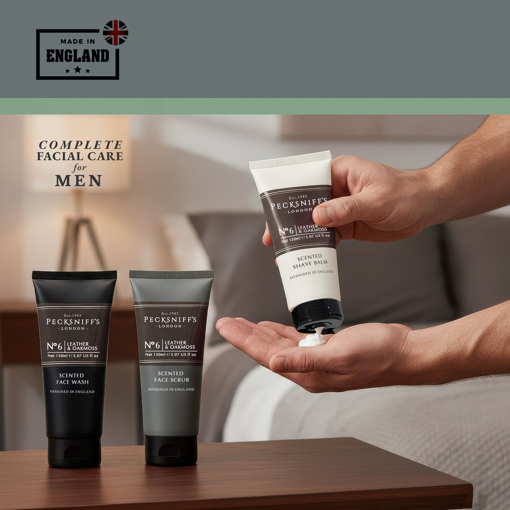 Pecksniff’s Men’s Trio Face Collection – Leather & Oakmoss – Face Wash, Face Scrub & Shave Balm Gift Set, 3 x 75ml