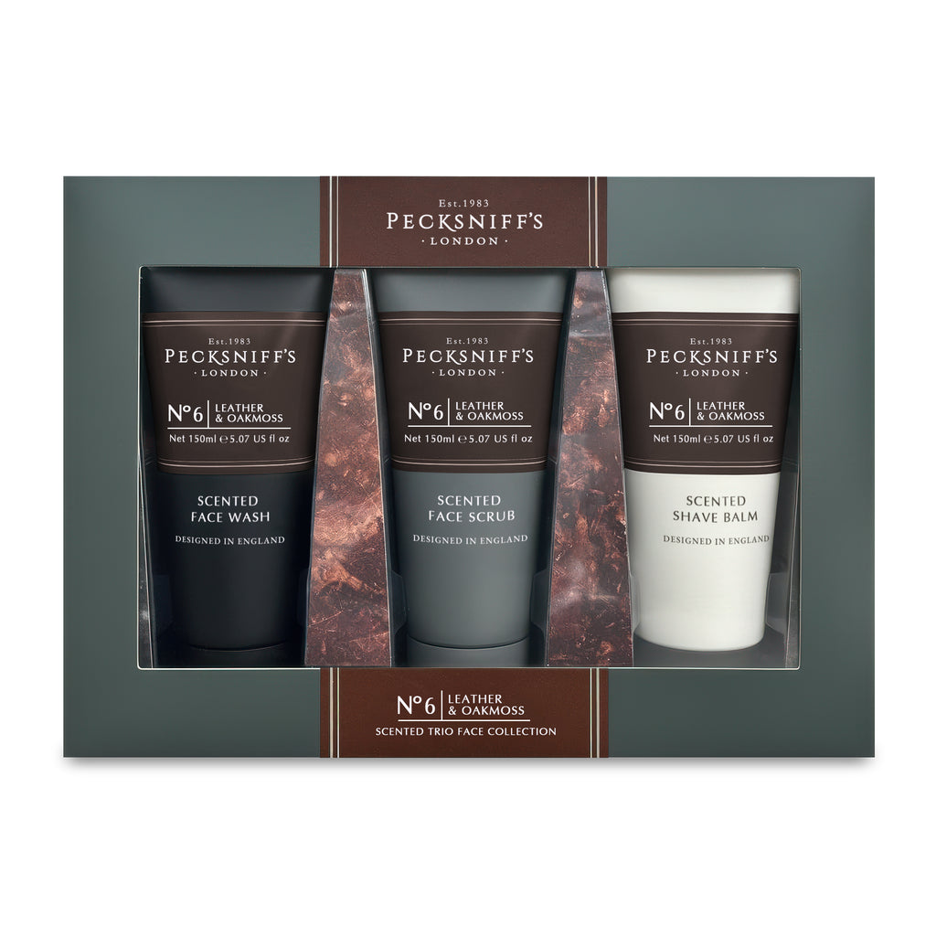 Pecksniff’s Men’s Trio Face Collection – Leather & Oakmoss – Face Wash, Face Scrub & Shave Balm Gift Set, 3 x 75ml
