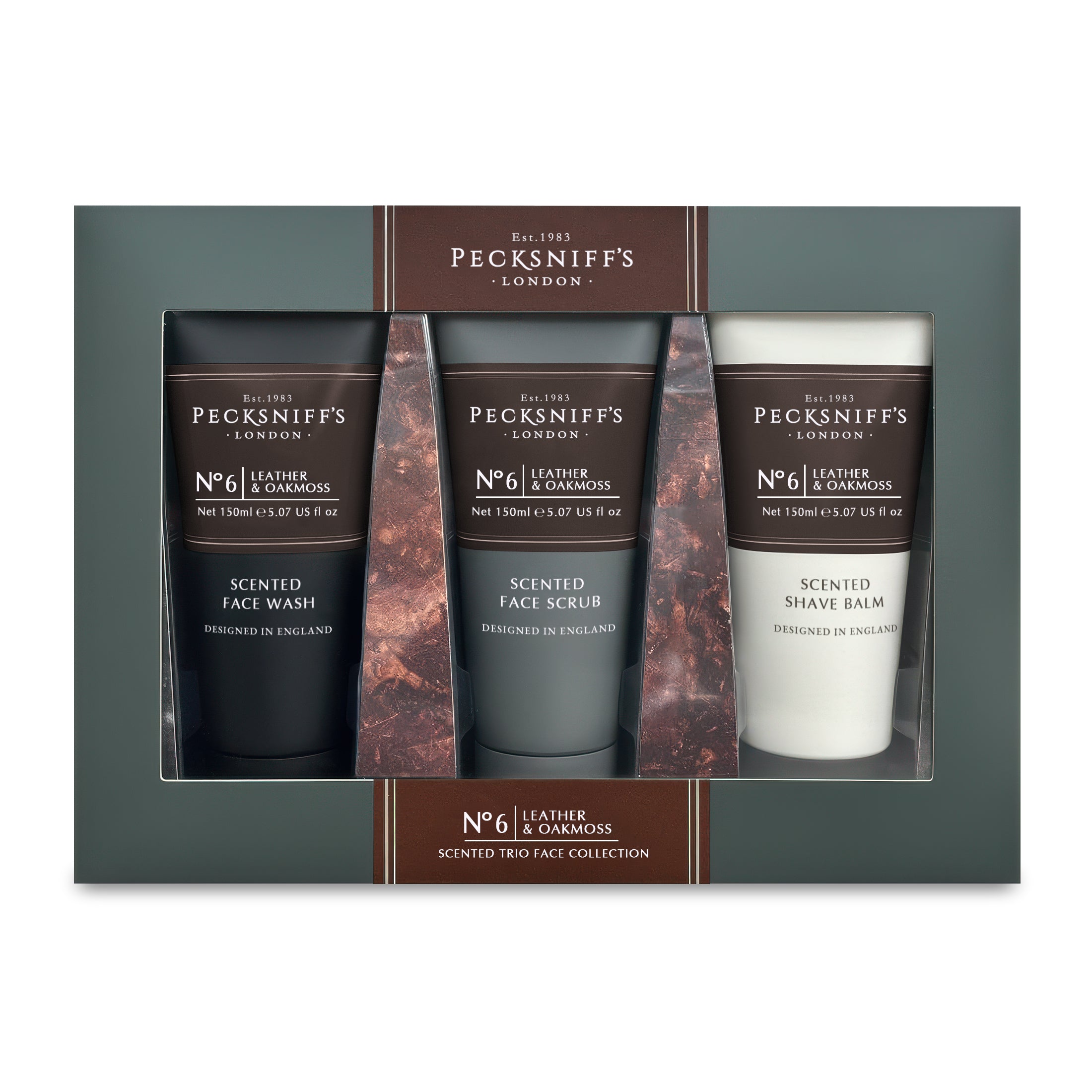 Pecksniff’s Men’s Trio Face Collection – Leather & Oakmoss – Face Wash, Face Scrub & Shave Balm Gift Set, 3 x 75ml