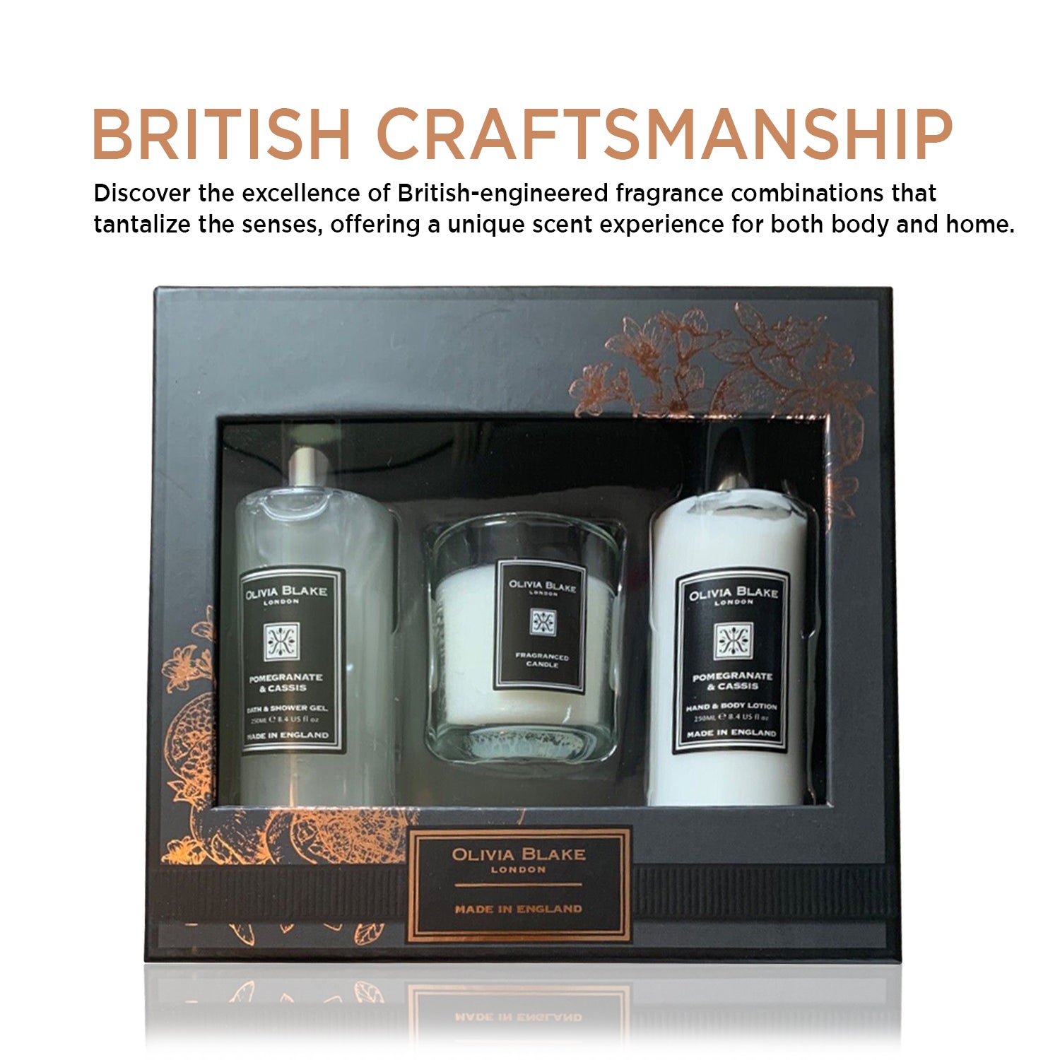 Olivia Blake Beauty Trio: Pomegranate & Cassis - Fragranced Candles, Bath Gel, and Body Lotion Set