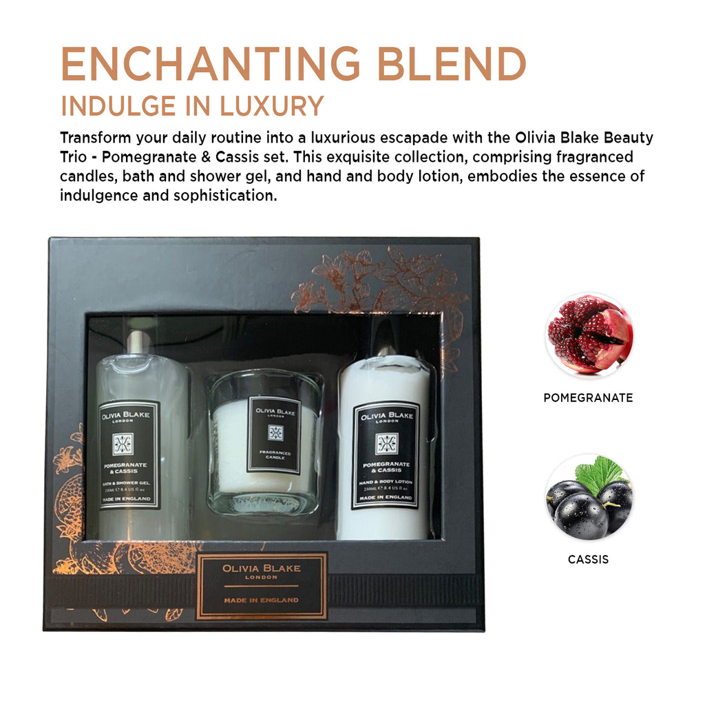 Olivia Blake Beauty Trio: Pomegranate & Cassis - Fragranced Candles, Bath Gel, and Body Lotion Set