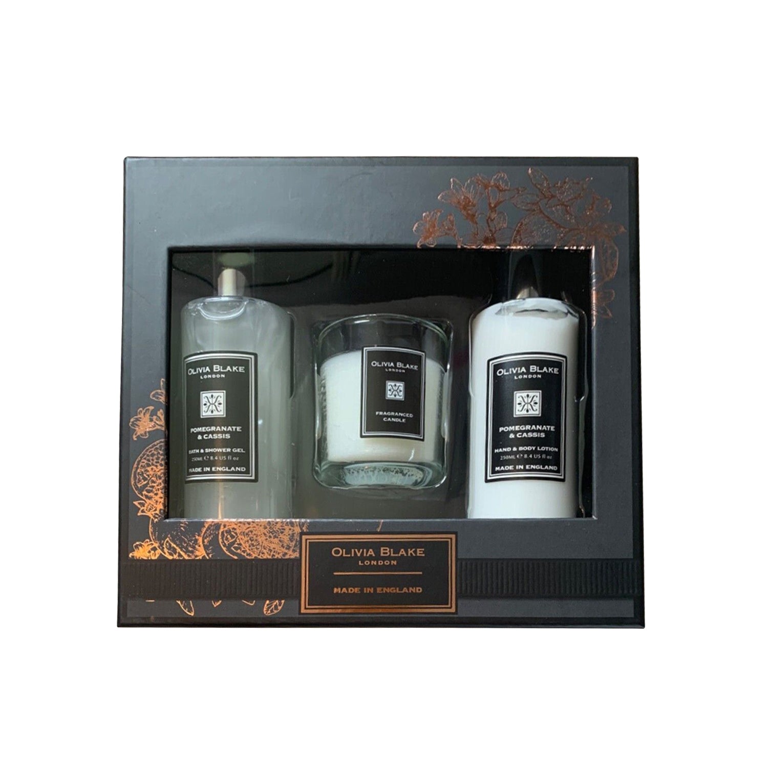 Olivia Blake Beauty Trio: Pomegranate & Cassis - Fragranced Candles, Bath Gel, and Body Lotion Set