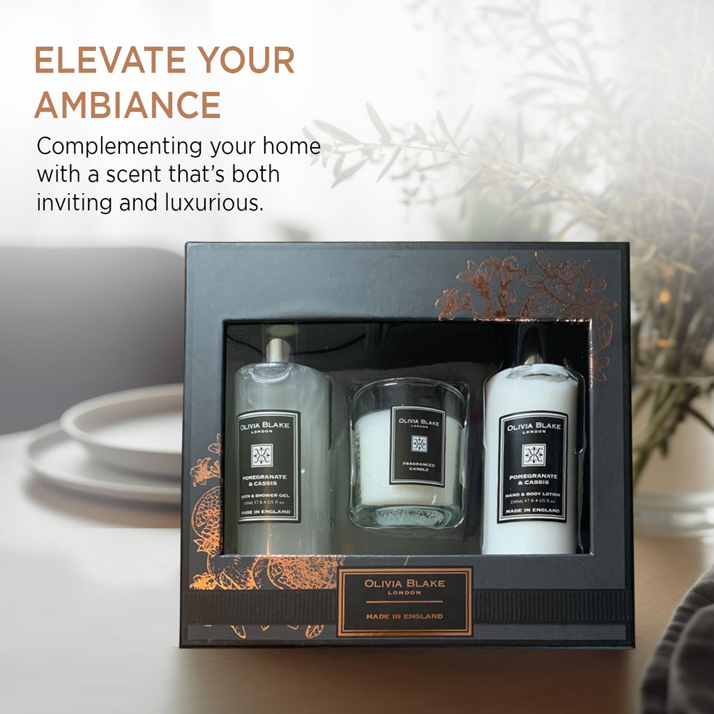 Olivia Blake Beauty Trio: Pomegranate & Cassis - Fragranced Candles, Bath Gel, and Body Lotion Set