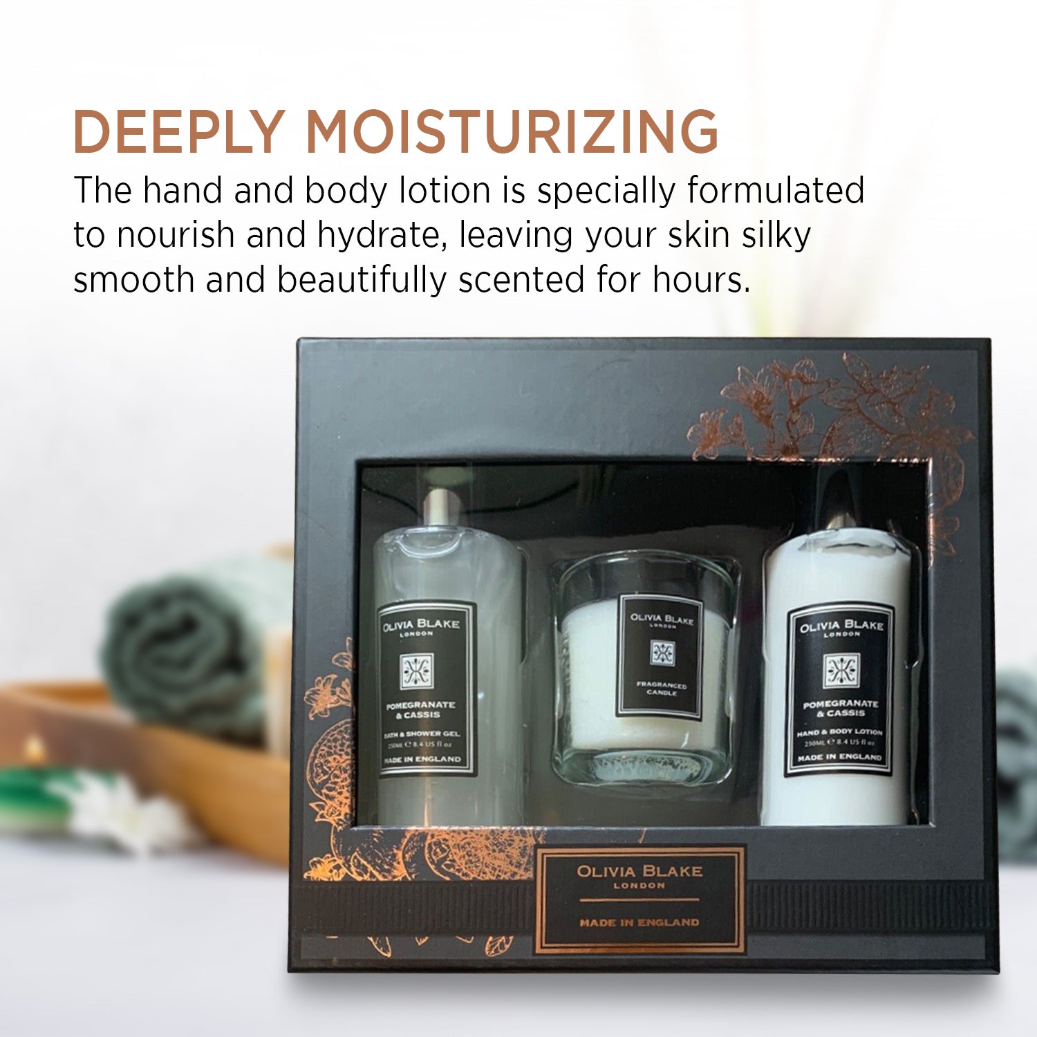 Olivia Blake Beauty Trio: Pomegranate & Cassis - Fragranced Candles, Bath Gel, and Body Lotion Set