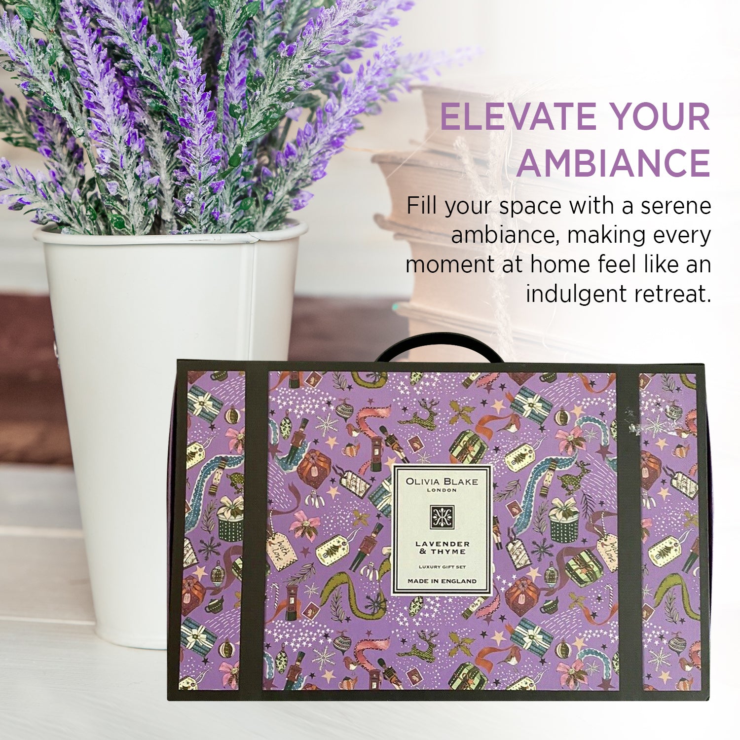 Olivia Blake Lavender & Thyme Luxury Gift Set - Fragranced Candles, Bath Gel, Body Mist, Hand & Body Lotion - Made in England