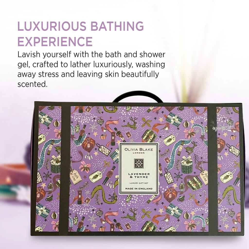 Olivia Blake Lavender & Thyme Luxury Gift Set - Fragranced Candles, Bath Gel, Body Mist, Hand & Body Lotion - Made in England