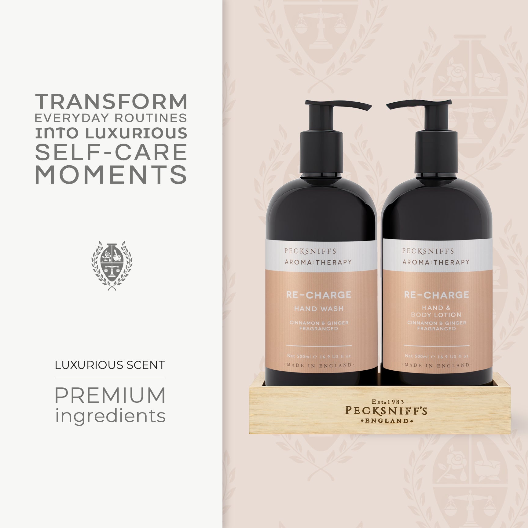 Pecksniff's Aroma:Therapy Re-Charge Duo Caddy, 500 ml/16.9 fl oz Hand Wash and 500 ml/16.9 fl oz Hand & Body Lotion