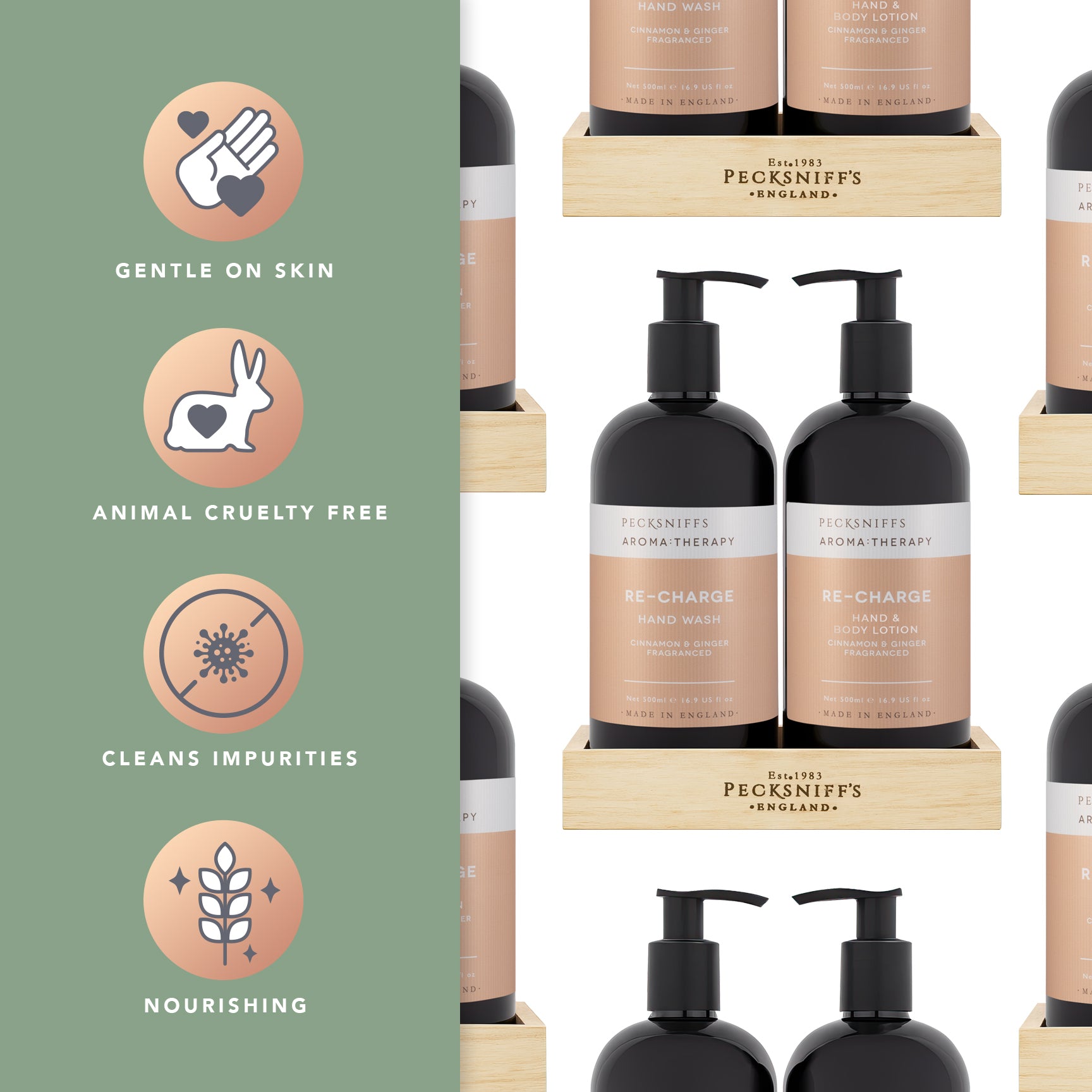 Pecksniff's Aroma:Therapy Re-Charge Duo Caddy, 500 ml/16.9 fl oz Hand Wash and 500 ml/16.9 fl oz Hand & Body Lotion