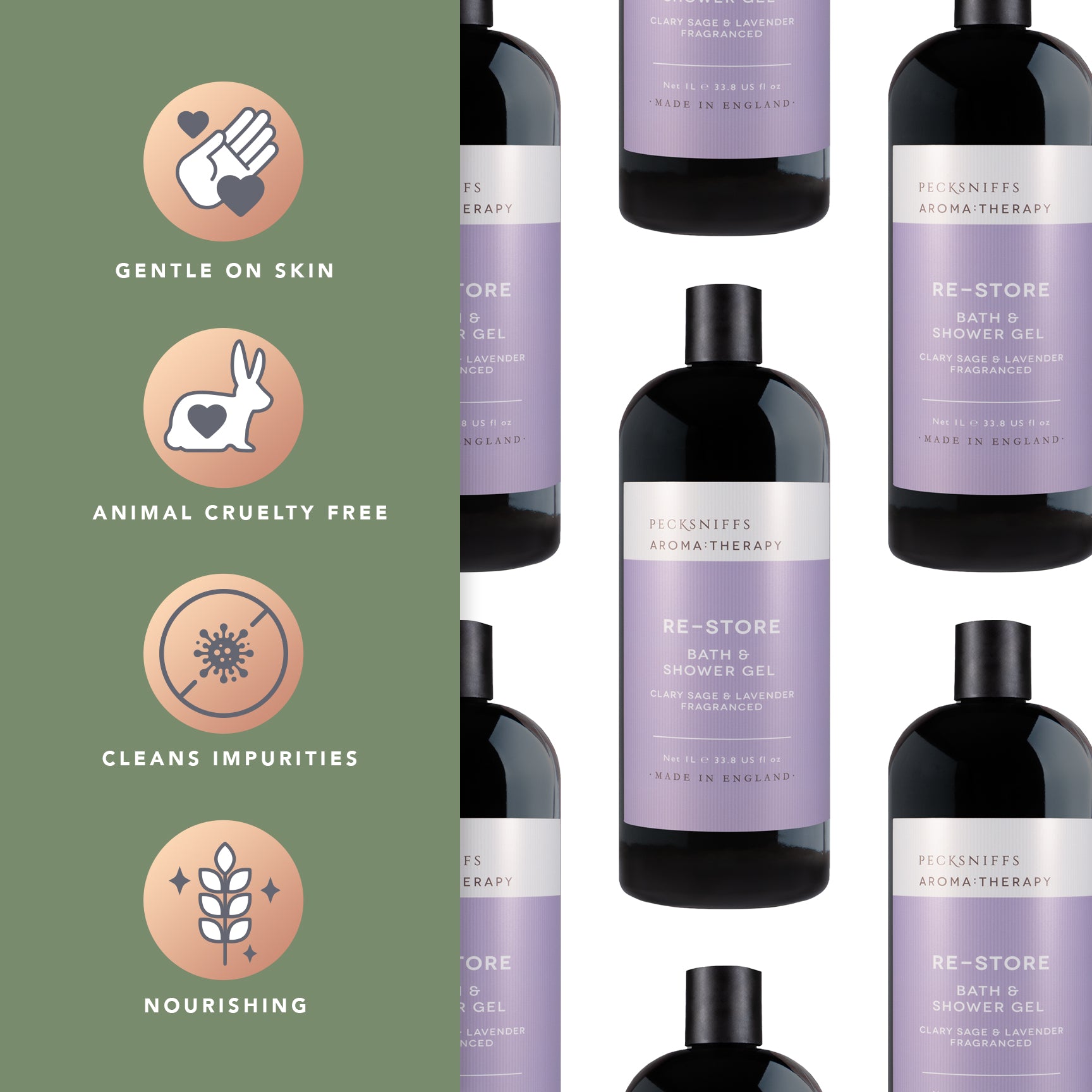 Pecksniff's Aroma:Therapy Re-Store Shower Gel – Luxurious Moisturizing Bath & Body Cleanser, 1000 ml/33.8 fl oz Bottle