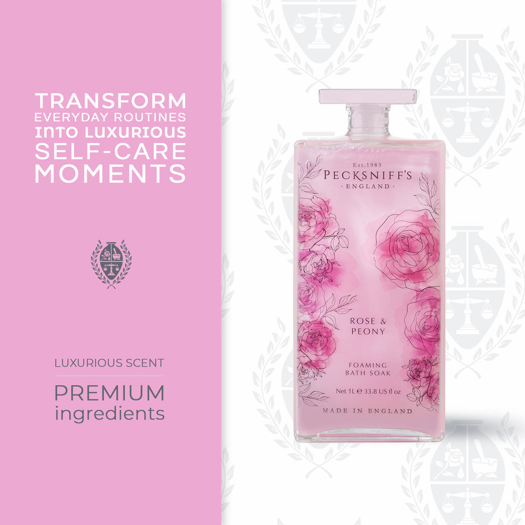 Pecksniff’s Rose & Peony Foaming Bath Soak – Luxury Bubble Bath, 1L / 33.8 fl oz, Made in England