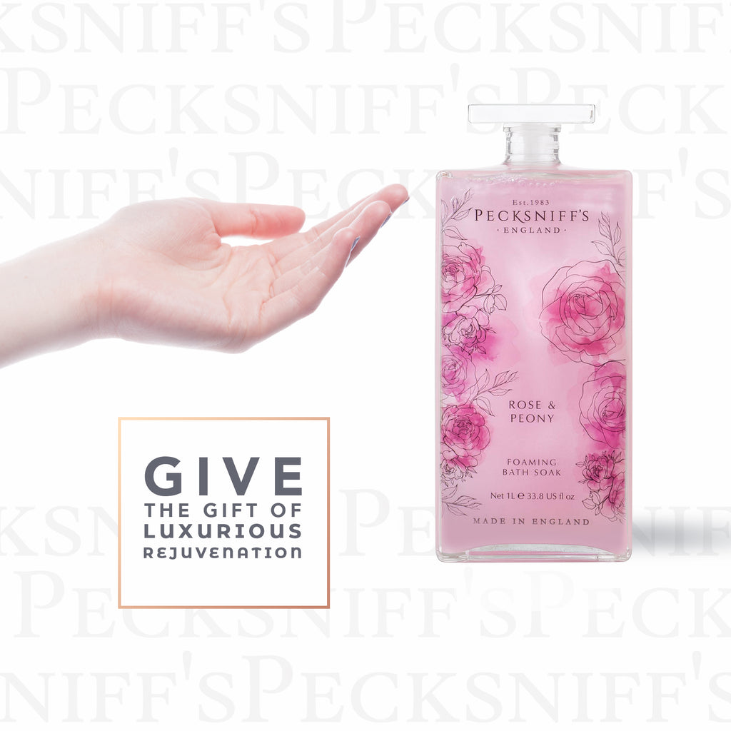 Pecksniff’s Rose & Peony Foaming Bath Soak – Luxury Bubble Bath, 1L / 33.8 fl oz, Made in England