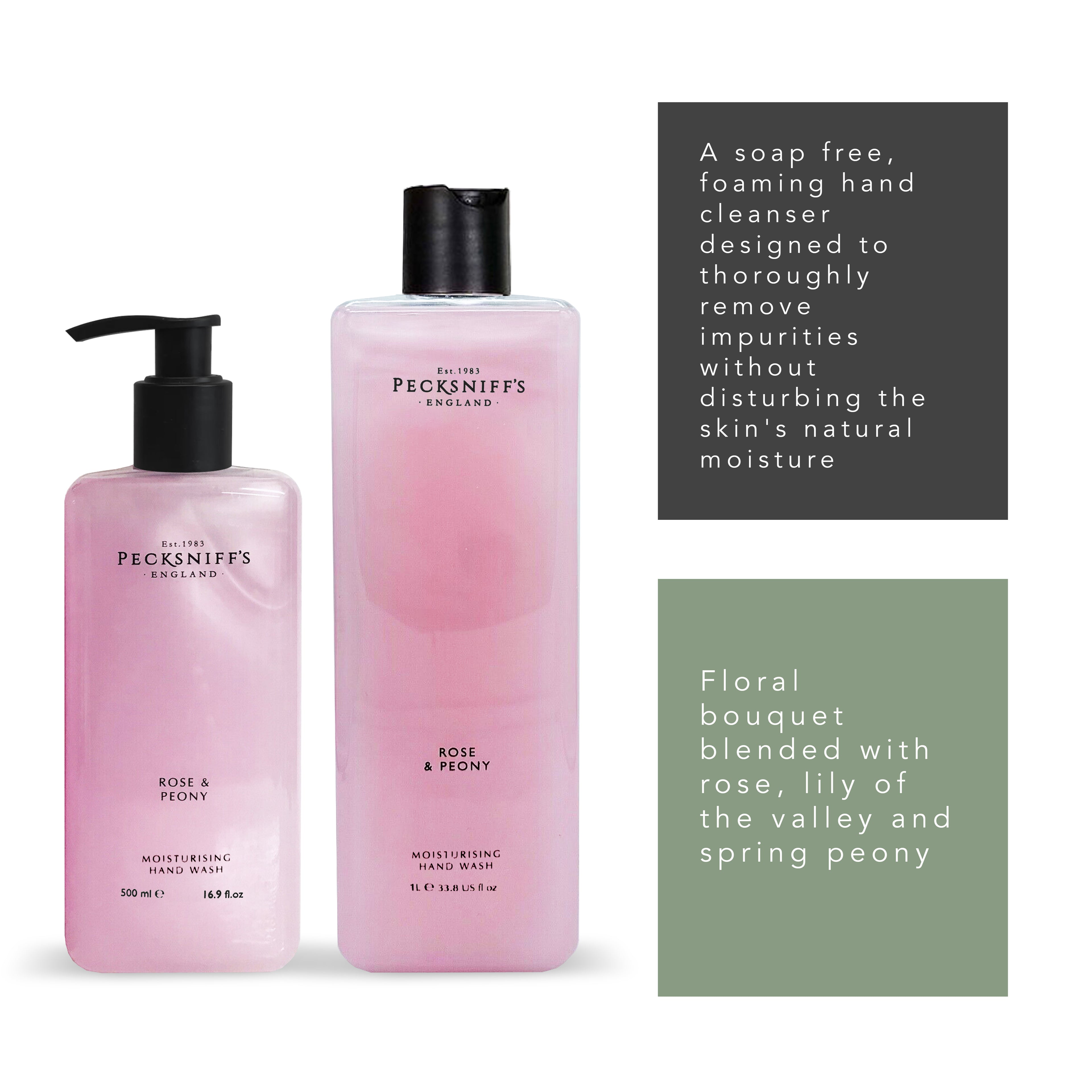 Pecksniffs Classic Rose & Peony Moisturizing Hand Wash 500ml/16.9 Fl oz and Hand Wash Refill 1L/1000ml,33.8 Oz