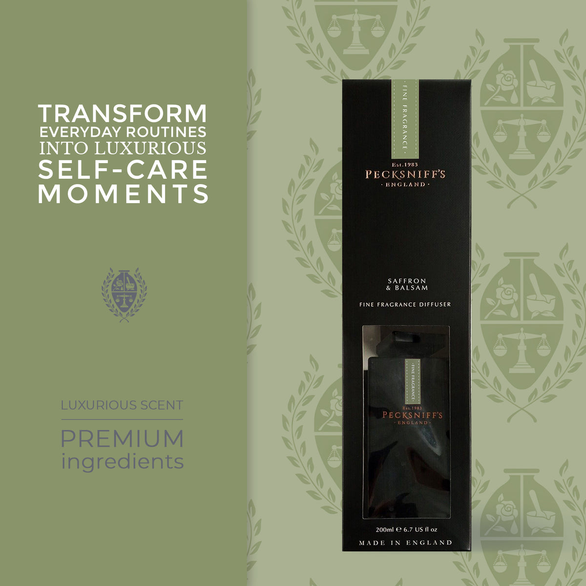 Pecksniff's Saffron and Balsam Black Square Diffuser | 200ml/6.76 Fl Oz
