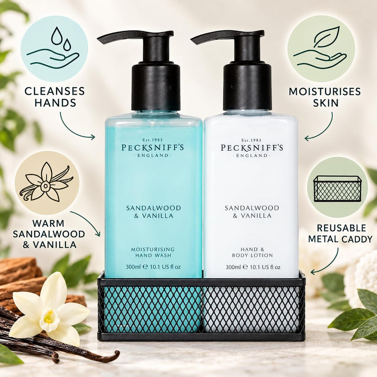 Pecksniff's Sandalwood & Vanilla Hand Wash & Lotion Caddy 300ml (10.1 fl oz)