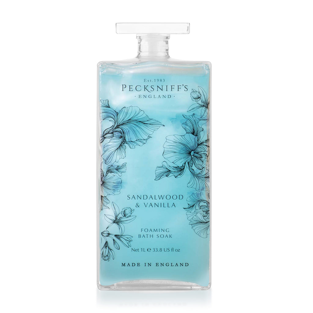 Pecksniff’s Sandalwood & Vanilla Foaming Bath Soak – Luxury Bubble Bath, 1L / 33.8 fl oz, Made in England