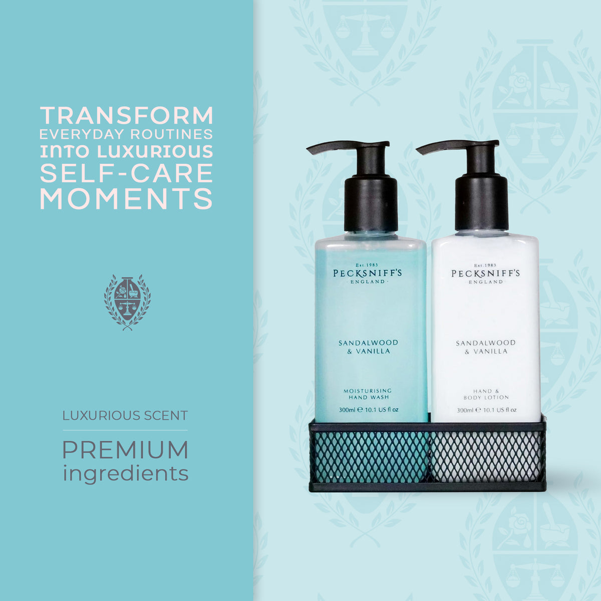 Pecksniffs Sandalwood and Vanilla Moisturizing Hand Wash and Hand Lotion in a Black Mesh Caddy | 300ml/10.14 Fl oz