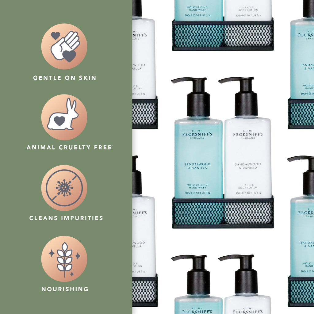 Pecksniffs Sandalwood and Vanilla Moisturizing Hand Wash and Hand Lotion in a Black Mesh Caddy | 300ml/10.14 Fl oz